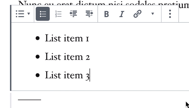 the block editor, with the list format selected