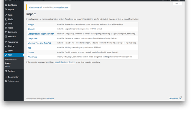 The import screen within the WordPress CMS