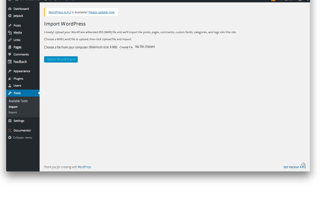 File selection screen for the WordPress site import process.
