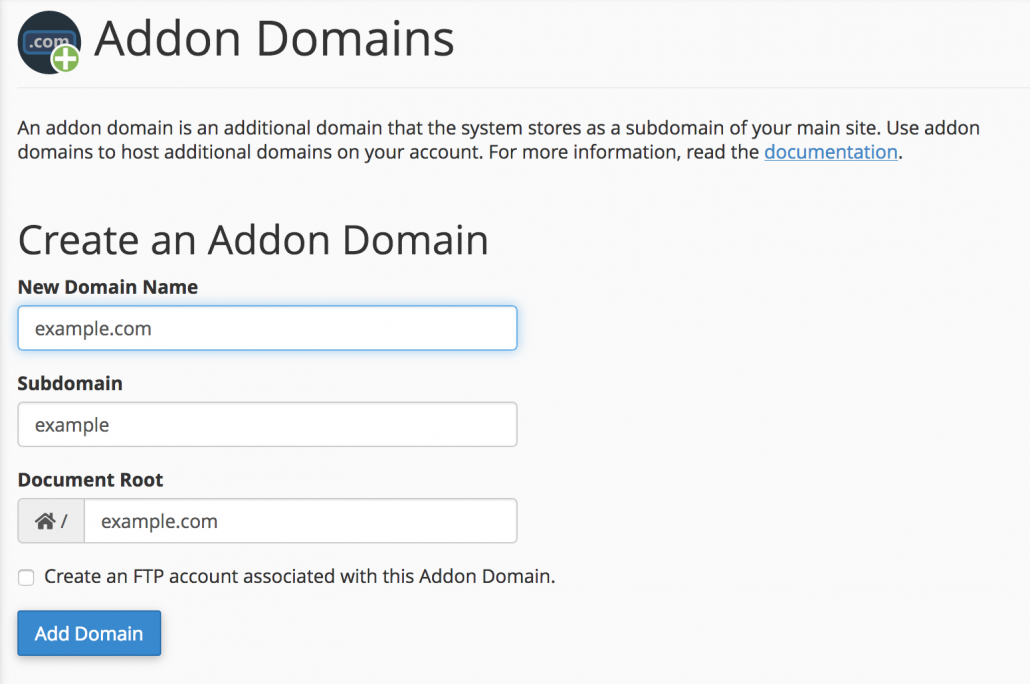 Set-up options for Addon Domains