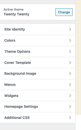 The WordPress customiser menu