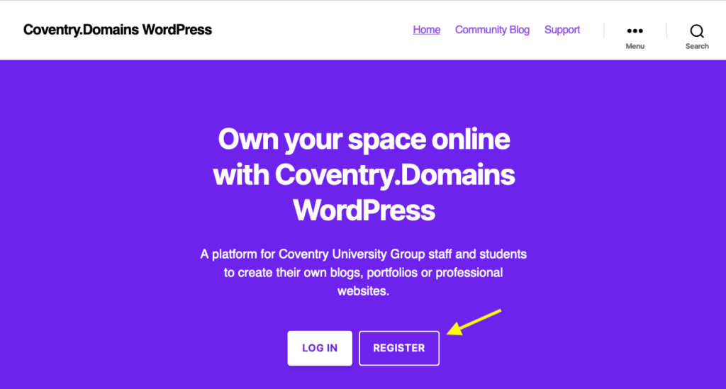 Coventry.Domains homepage with "Register" button highlighted 