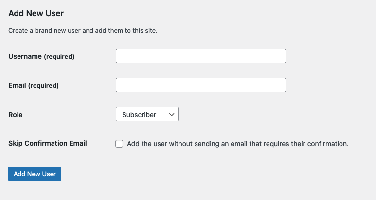 Add New User area in WordPress. Contains blank Username, Email and role fields. 